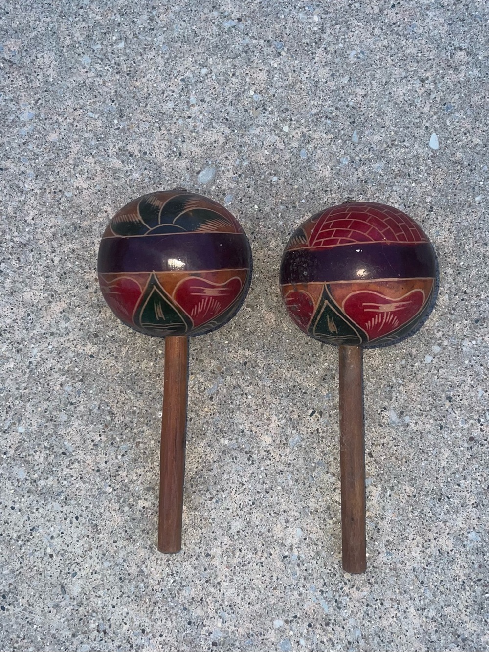 Vintage Red Purple Green Hand-Painted Wooden Maracas